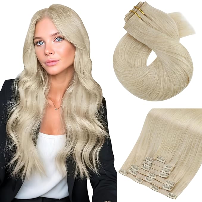 Moresoo Seamless Clip in Hair Extensions Human Hair Blonde Seamless Real Human Hair Extensions Clip ins Platinum Blonde Pu Weft Long And Straight 120g/7pcs 18 inch