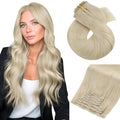 Moresoo Seamless Platinum Blonde Human Hair Clip in Extensions Blonde Real Hair Extensions Clip in Human Hair Invisible Pu Weft Straight 120g/7pcs 16 in