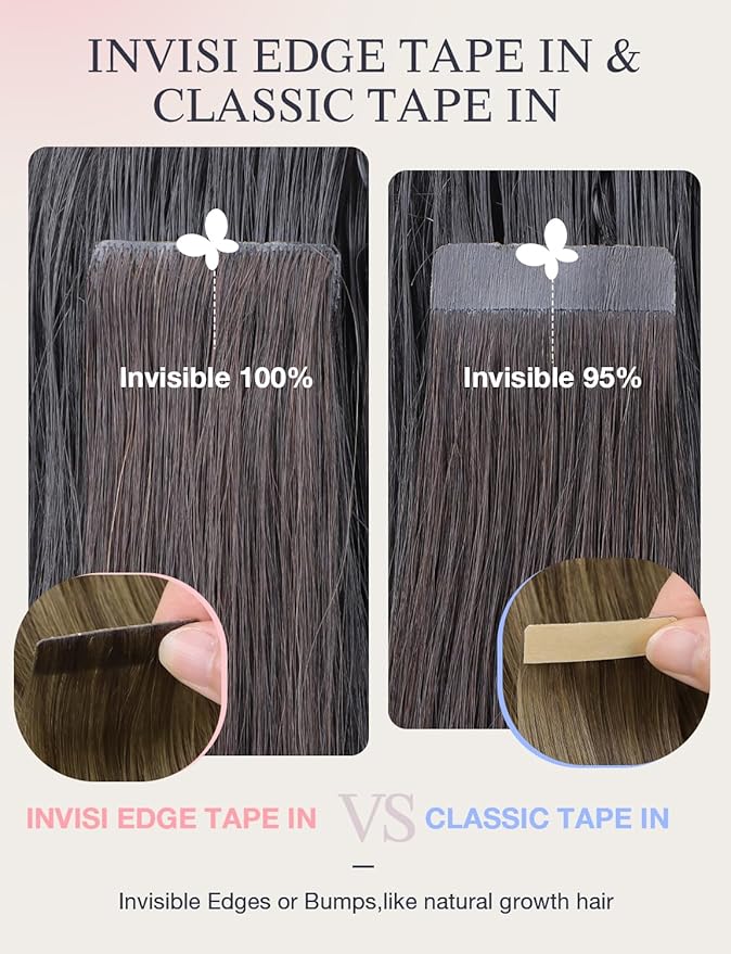 DOORES Invisi Edge Human Hair Extensions, Walnut Brown to Ash Brown & Bleach Blonde, 10 Injection Tape-ins, 50g, 14 Inch