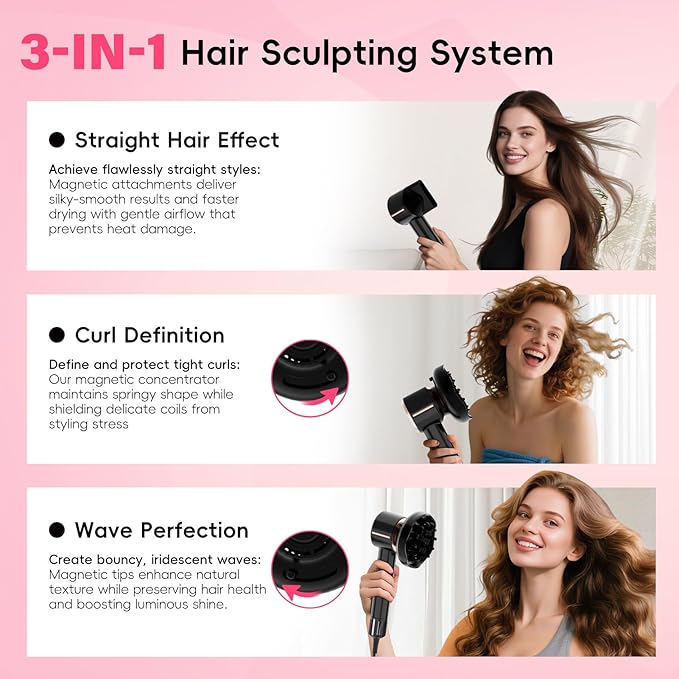 CINOSTAR Hair Dryer, Fast Drying Blow Dryer with Diffuser, with 110, 000RPM Brushless Motor&Ionic Technology No Heat Damage, Lightweight for Women and Travel, Low Noise, Black Rose Gold