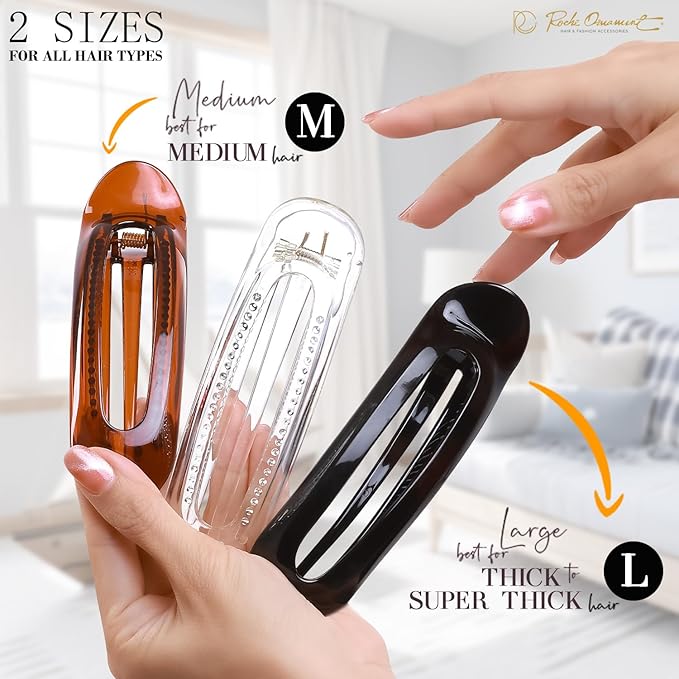 RC ROCHE 6 Pcs Flat Claw Hair Clips for Women Alligator French Barrette Long Thick Hair Duckbill Curved No Slip Grip Lay Flat Side Slide Firm Classic Styling, Medium Clear Brown and Black