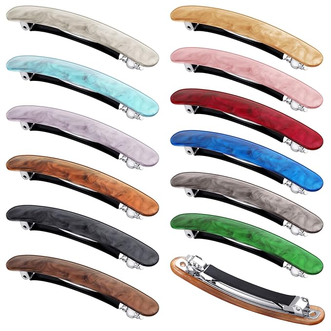 12 Pieces Hair Barrettes for Women Tortoise Shell Acetate French Skinny Clip Automatic Ponytail Barrettes for Women Fine Thin Hair Accessories(Elegant Color)