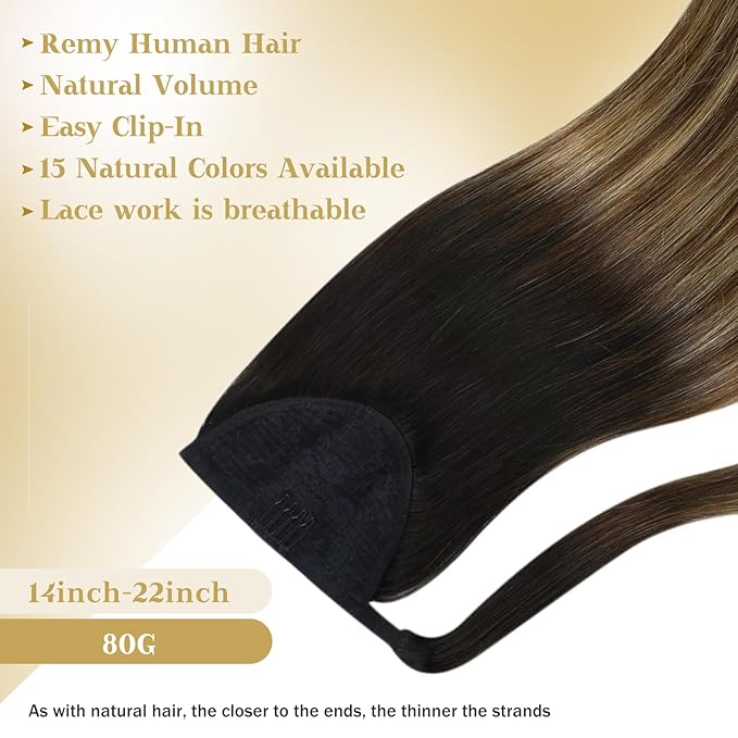 Ve Sunny Hair Extensions Ponytail Real Human Hair Wrap Around Clip in Ponytail Hair Extensions Straight Extensions Human Hair for Women Black Ombre Dark Brown Balayage Caramel Blonde 22inch 80G