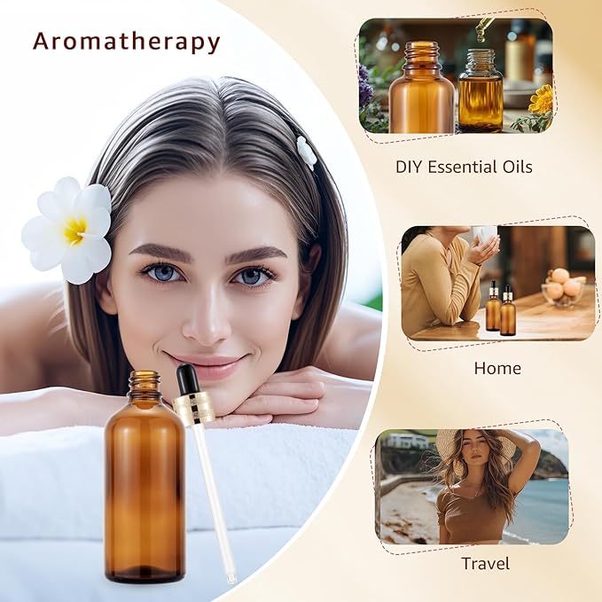 10 Pack 100ml Amber Glass Dropper Bottles with Droppers, Funnels & Labels for Essential Oils, 3.38oz Eye Dropper Bottles with Golden Caps, Brown Empty Glass Tincture Vials for Travel