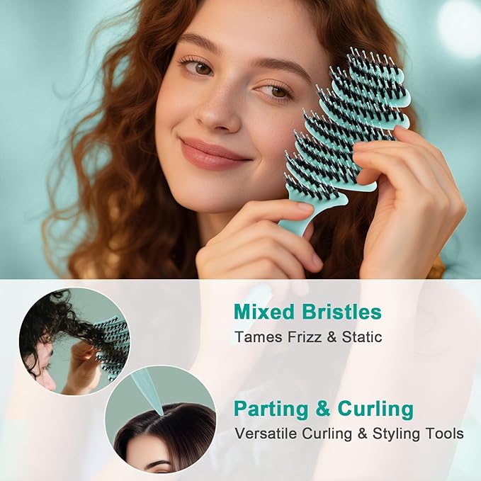 Enhanced Hair Brush - Tailored for Every Hair Type! Detangling with Durable Boar Bristles, Vented & Curved Paddle for Scalp Massage, Aqua