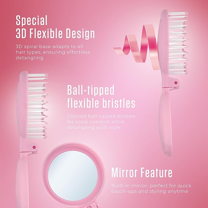 Mini Detangler Travel Hair Brush with Mirror, Makaron Hair Brushes for Women, Men and Kids, Unique 3D Flexible Design for All Hair Types, Styling Accessory, Travel Essentials for Women (LILAC)
