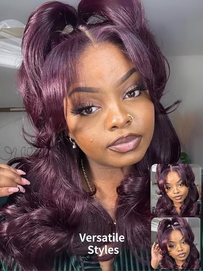 KLAIYI Black Cherry Loose Body Wave Bye Bye Knots Glueless Wig 7x5Precut Lace Front Wigs Human Hair Drawstring Pre Plucked Bleached 30S Ready to Wear and Go Wig with Face Framing Bangs Burgundy 20Inch