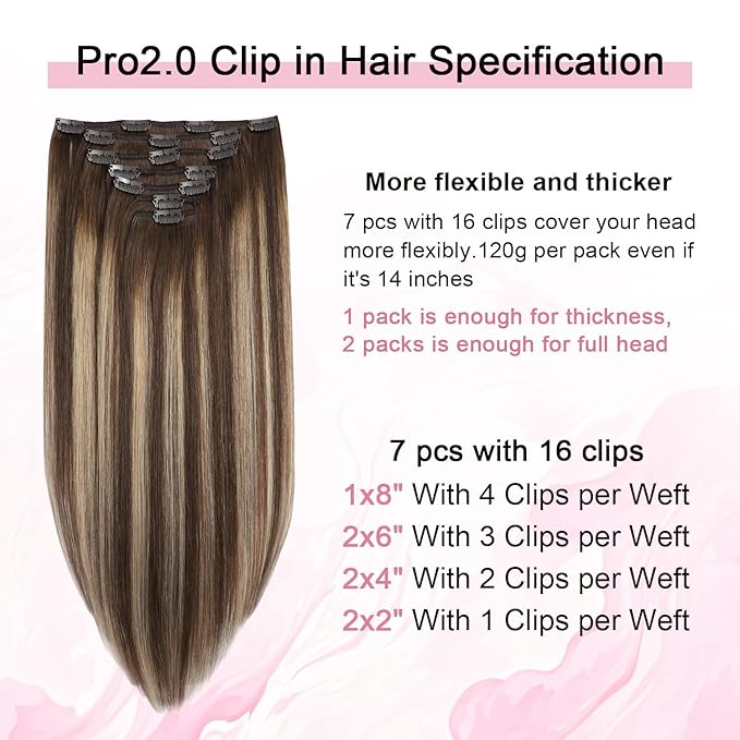 Pro2.0 Remy Clip in Extensions Real Human Hair Color #4/27/4 Chocolate Brown to Caramel Blonde Remy Clip in Hair Extensions Real Human Hair 18inch 120g Thick 7pcs Double Weft（#4/27/4-18inch）