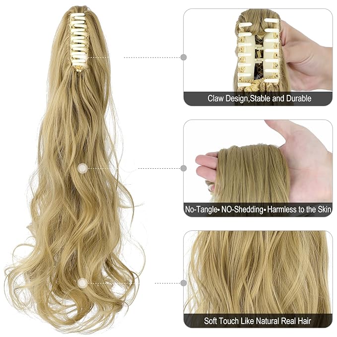 Claw Clip Ponytail Extension 18" Clip in Wavy Ponytail Hair Extensions Long Pony Tails for Women Extensions Ash Blonde Wave Hairpiece