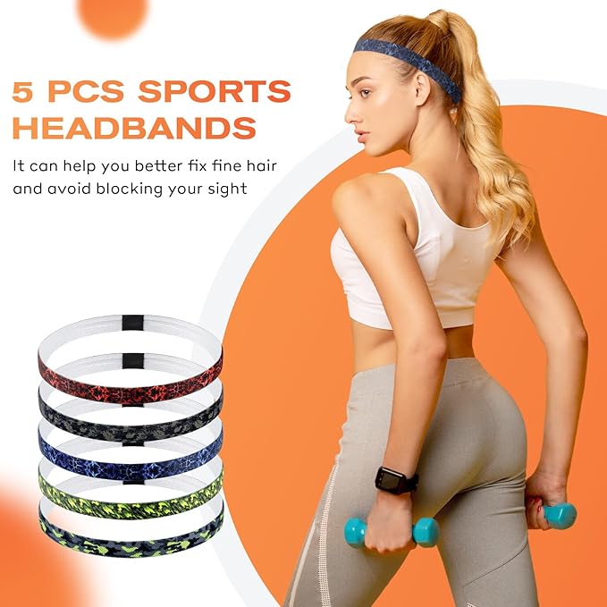 Headbands for Women, 5 PCS Unisex Sports Hair Band, Thin Hair Band Boys & Children, Elastic Headband Men's Sports Non-Slip Headbands, Thin Hair Bands for Football, Yoga, Running