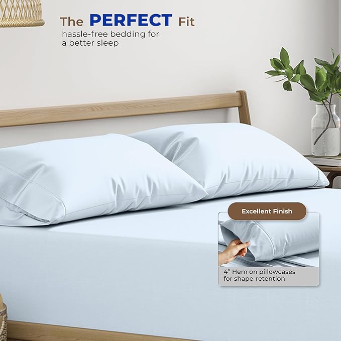 THREAD SPREAD 100% Egyptian Cotton Pillow Cases - High Thread Count Pillowcases Queen/Standard Size Pack of 2, Soft & Breathable Extra Long Staple Sateen Cotton Pillow Covers for Bed - Light Blue