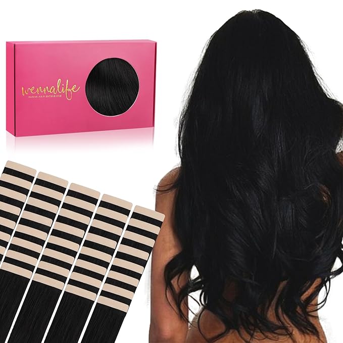 Wennalife Tape in Hair Extensions Human Hair, 40pcs 100g 14 inch Jet Black Hair Extensions Real Human Hair Straight Tape in Extensions Invisible Human Hair Extensions Reusable Real Hair Extensions