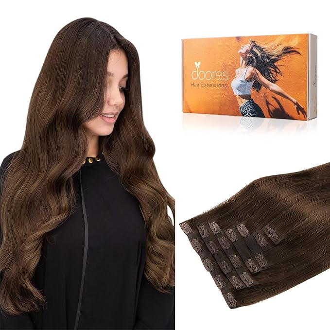 DOORES Clip in Hair Extensions, Chocolate Brown 130g 7pcs 16 Inch, Invisible Edge Thick Hair Extensions for Women