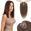 Hairro 100% Human Hair Topper No Bangs, Real Clip in Hair Hairpieces for Women, 3.94x4.72" Silk Base for Thinning Receding High Hairline, 10 Inch Dark Brown Middle Part