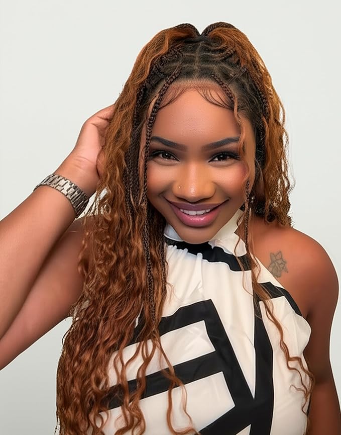 Human Hair Boho Curls Hand-Tied HD Full Lace Wig - 24" Salon-Level Small Box Synthetic Braids (100 Braids, High Density) Pre-Cut Swiss HD Lace, Pre-Plucked, Knotless - 1B/30 Ombre Brown
