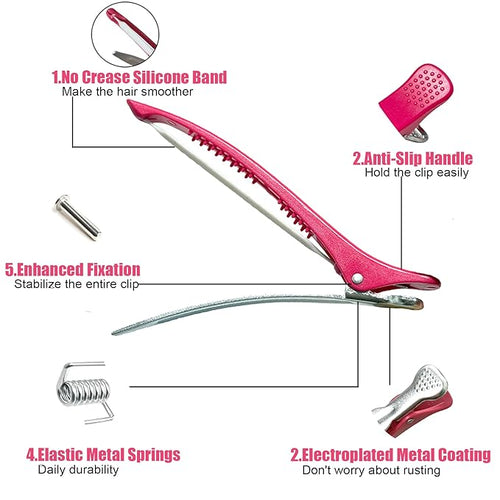 10 pcs Professional Hair Clips for Styling Sectioning - Sectioning Hair Clips for Styling, No-Crease Silicone Band& Anti-Slip Grip, Hair Cutting Clips for Blowouts, Curling, Coloring （Rose Red）