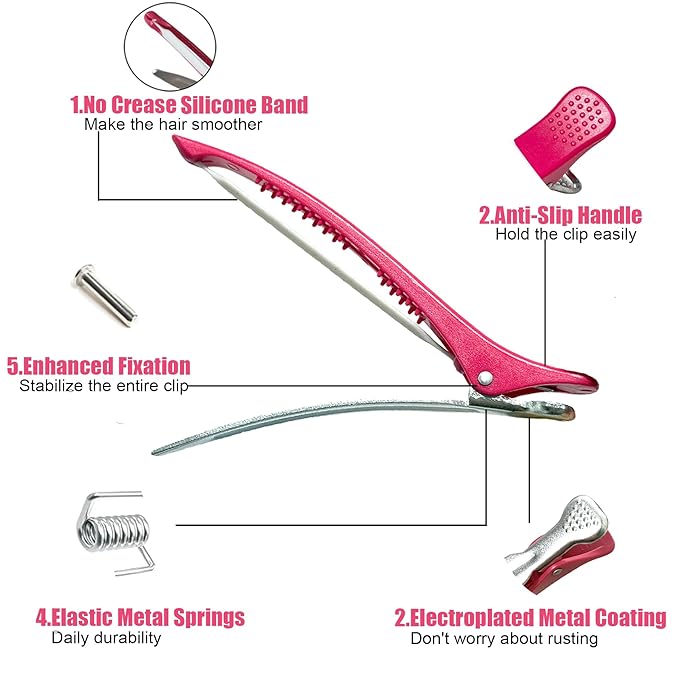 10 pcs Professional Hair Clips for Styling Sectioning - Sectioning Hair Clips for Styling, No-Crease Silicone Band& Anti-Slip Grip, Cutting Clips for Blowouts, Curling, Coloring （Black+Rose Red）