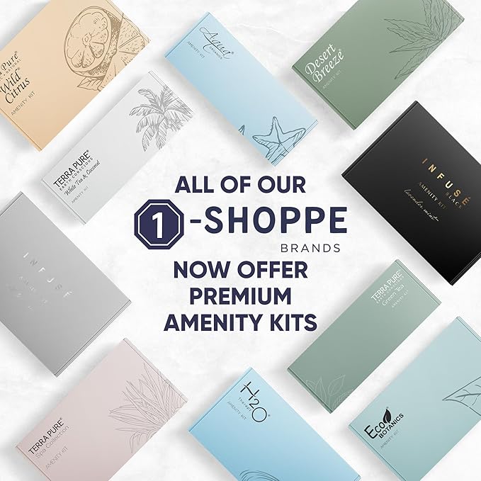 H2O Therapy Amenity & Accessory Kit | 0.85 oz Travel Size Shampoo, Conditioner, Lotion, Body Wash, Massage Bar, Cleansing Bar, Shave & Dental Sets, Make-Up Remover Wipes, & Vanity Kit | 15 sets/case