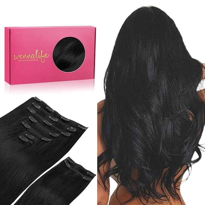 WENNALIFE Clip in Hair Extensions, 150g 16 Inch 9pcs Jet Black Remy Hair Thicker Double Weft Extensiones De Cabello Humano Con Clip Ins Straight Full Volume