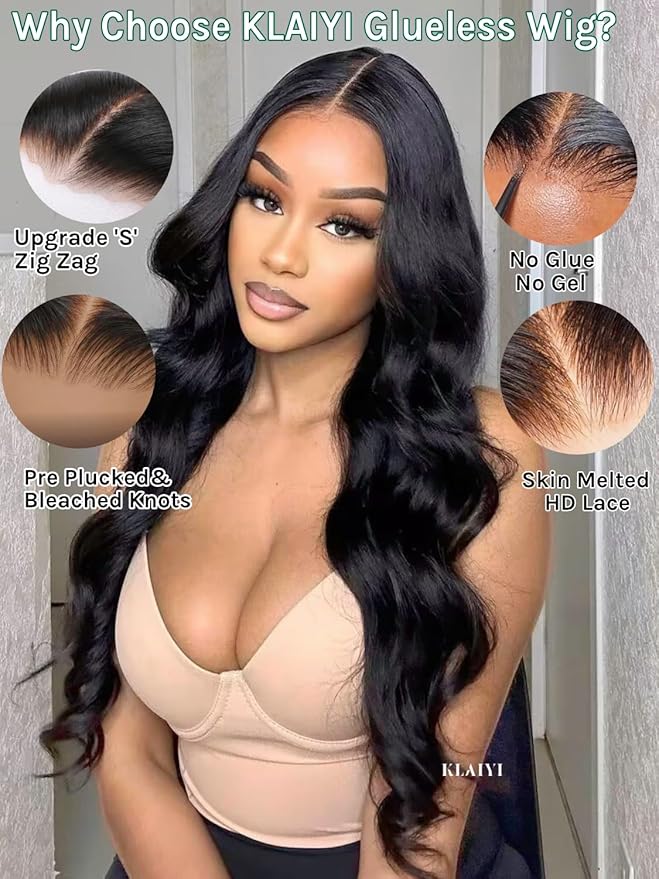 KLAIYI Body Wave Bye Bye Knots Glueless Wig 7x5 Pre Cut Lace Front Wigs Human Hair Wear and Go Wigs for Beginners Pre Bleached Pre Plucked Pre Everything 3S Easy to Ready to Wear Loose Wave Wig 14Inch