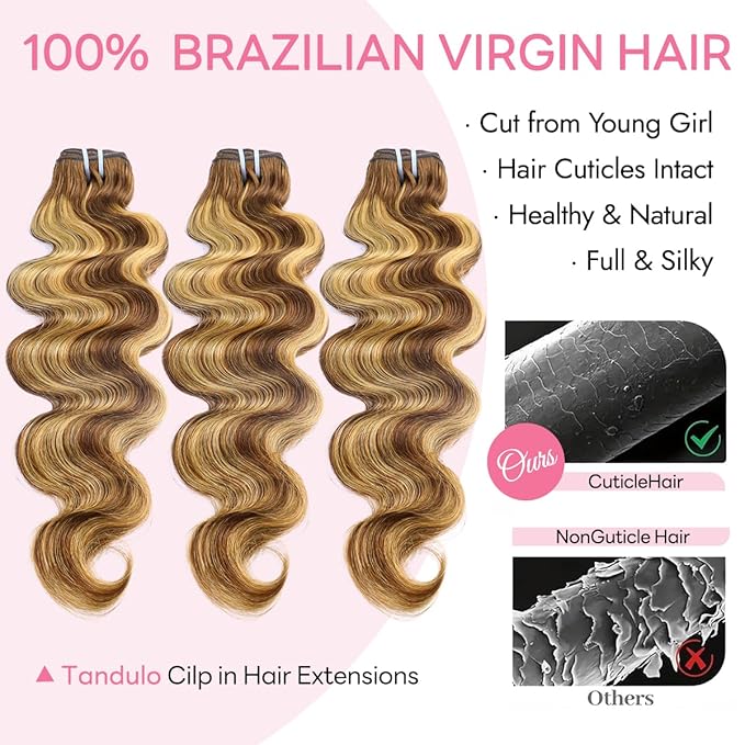 Clip in Hair Extensions Real Human Hair Body Wave #4/27 Chocolate Brown to Honey Blonde 100% Brazilian Remy Human Hair Extensions 8pcs Per Set with 18 Clips Double Weft 22 Inch 110g/3.6oz