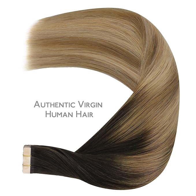 WENNALIFE Tape in Hair Extensions Human Hair Dark Brown to Chestnut Brown and Dirty Blonde Highlighted, 10pcs 20g 12 inch Remy Invisible Tape Ins Straight Colored Soft Refill Set