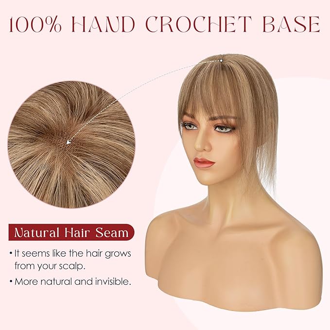 Human Hair Topper with Bangs for Women, 360° Cover Clip in Fringe Bangs Hair Toppers Hair Piece with Highlights 3.15x4.33 Hand-tied Base Medium Brown&Dark Blonde