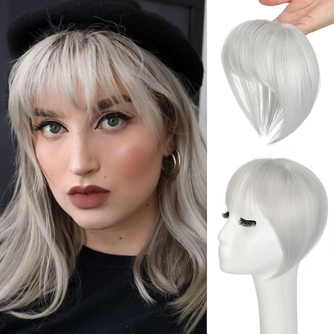 Bangs Hair Clip in Bangs 360°3D Cover Hair Topper Synthetic HairPieces for Women Silver Gray Wispy Fake Bangs Toppers for Daily Wear