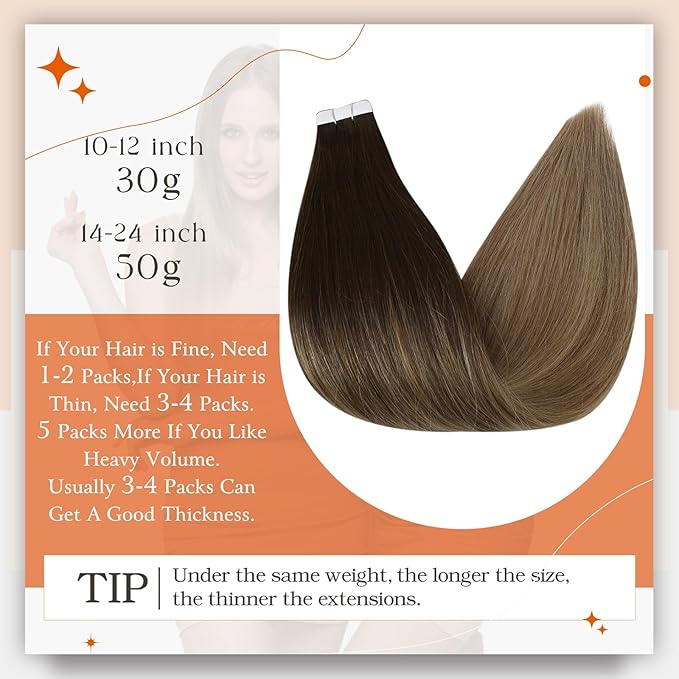 Full Shine Tape in Hair Extensions Human Hair Dark Brown to Chestnut Brown Highlighted Ash Blonde 12 Inch Human Hair Extensions Double Sided Tape in Hair Natural Remy Hair Straight Hair 30 Gram 20pcs