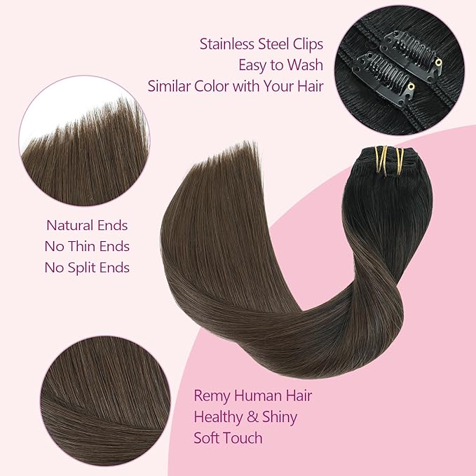 PINKPEARL Clip in Hair Extensions, 14 Inch 7pcs 120g #1BT4 Balayage Natural Black to Chocolate Brown, Hair Extensions Real Human Hair Clip Ins Natural Straight Hair for Women(#1BT4-14)
