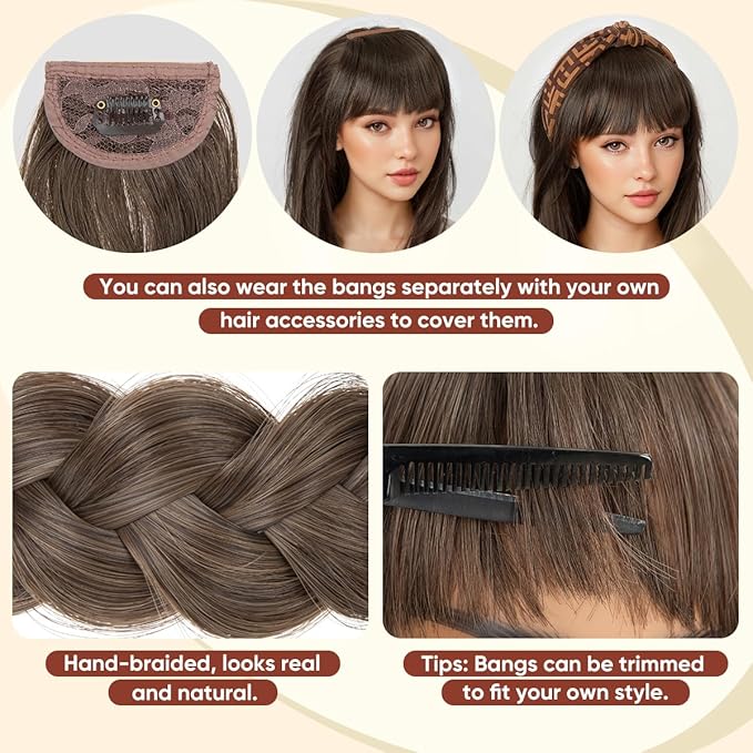 SARLA Braided Headband with 3 Detachable Clip in Bangs Fringe Hairpieces Fake Synthetic Hair Band Bangs for Women White