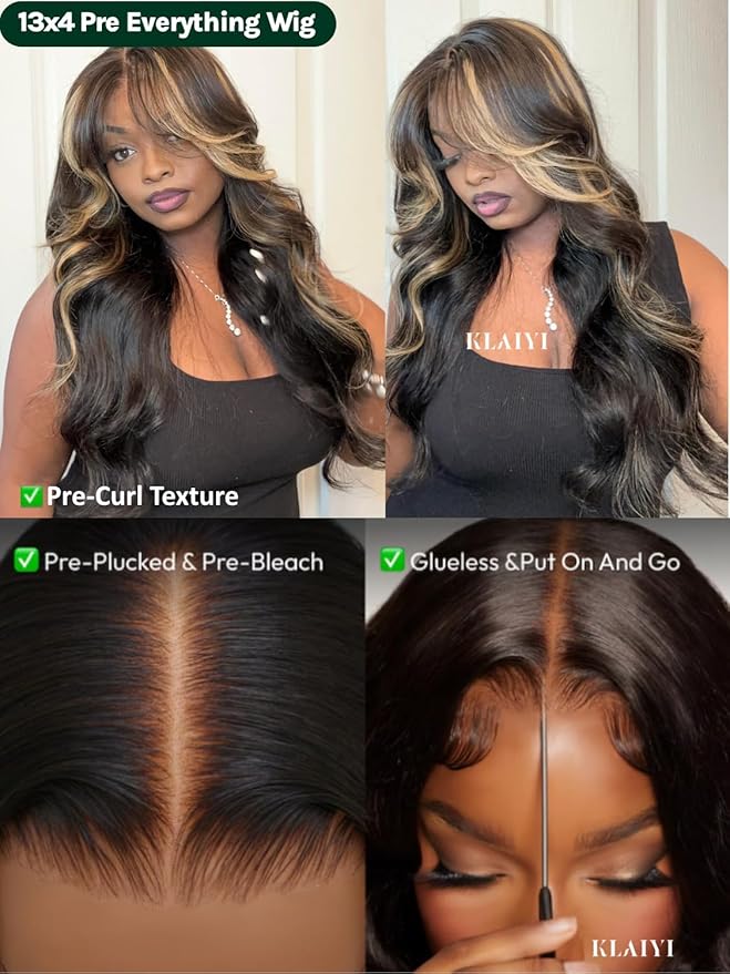 KLAIYI Bye Bye Knots Glueless Wig Human Hair 13x4 Balayage Highlight 3D Body Wave Precut Lace Front Wig with Baby Hair Black Mix Blonde Brown Pre Plucked Pre Bleached Knots Wig 30S Easy to Wear 24Inch