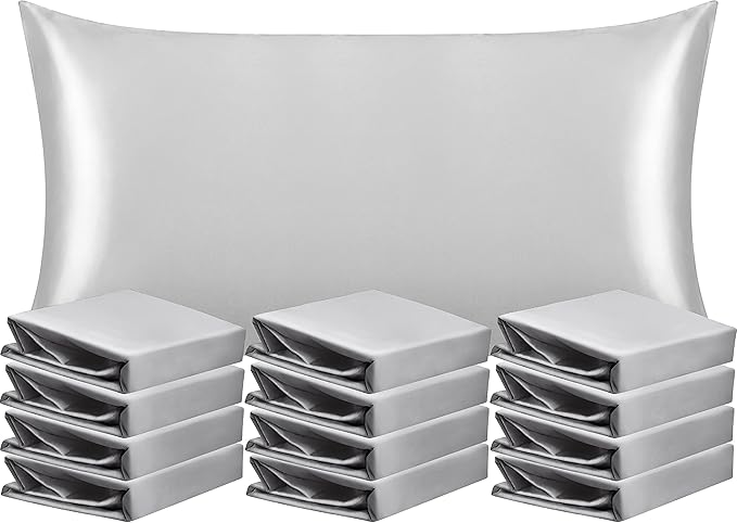 NTBAY 12 Pack Satin King Pillowcases for Hair and Skin, Luxurious and Silky Pillow Cases with Envelope Closure, 20 x 36 Inches, Silver Grey