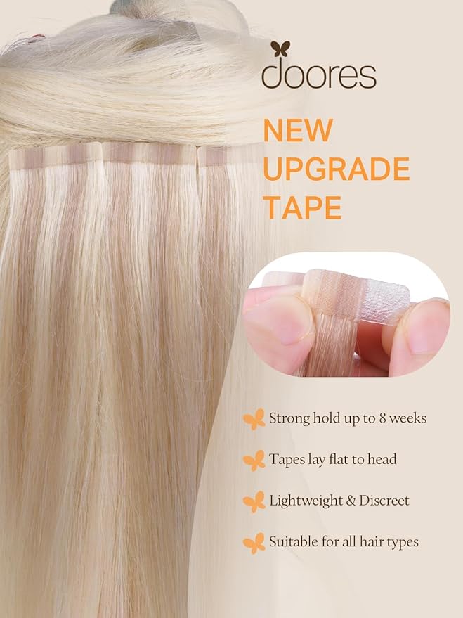 DOORES Tape in Hair Extensions, Platinum Blonde 12 Inch 40g 20pcs, Tape in Hair Extensions Human Hair Natural Remy Straight Hair