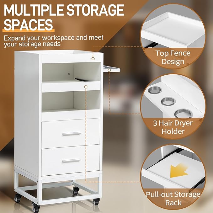 Winado Beauty Salon Trolley Cart, Rolling Hair Cart with Lockable Wheels, 2 Drawers, 3 Tool Holders, Mobile Makeup Organizer Station Cabinet for Hair Stylist Beauty Spa Barbershop, White