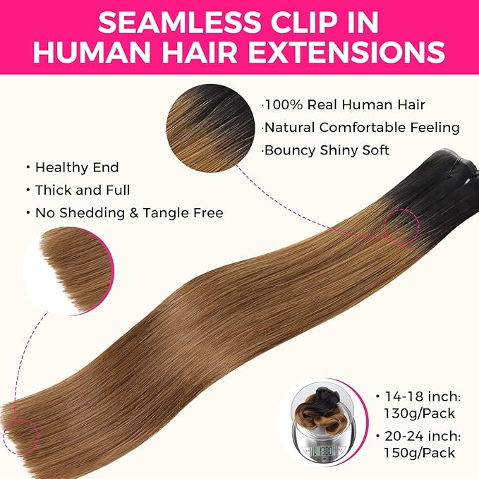 Lashey Seamless Clip in Hair Extensions Human Hair 130g 9pcs 16 Inch Ombre Natural Black to Medium Auburn Straight Hair Extensions Clip ins with Soft PU Weft