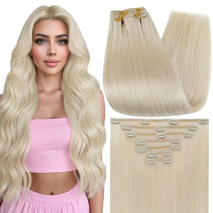Full Shine Blonde Human Hair Clip in Extensions Clip in Hair Extensions Real Human Hair Blonde Hair Extensions Triple Weft 20 Inch 7 Pcs 120 G