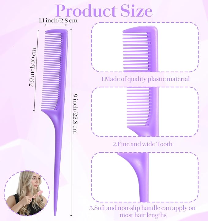 6PCS Fine Tooth Rat Tail Comb, Rat Tooth Comb for Women Styling Detangling Back Combing Updo Hairstyle Anti Static (Mult-Color)