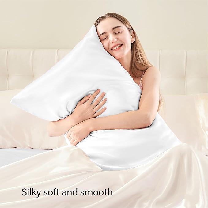 BEDELITE Satin Pillowcase with Zipper, White Pillow Cases Queen Size Set of 2, Super Soft and Cooling Similar to Silk Pillow Cases, Gift for Women Men(20x30 Inches)