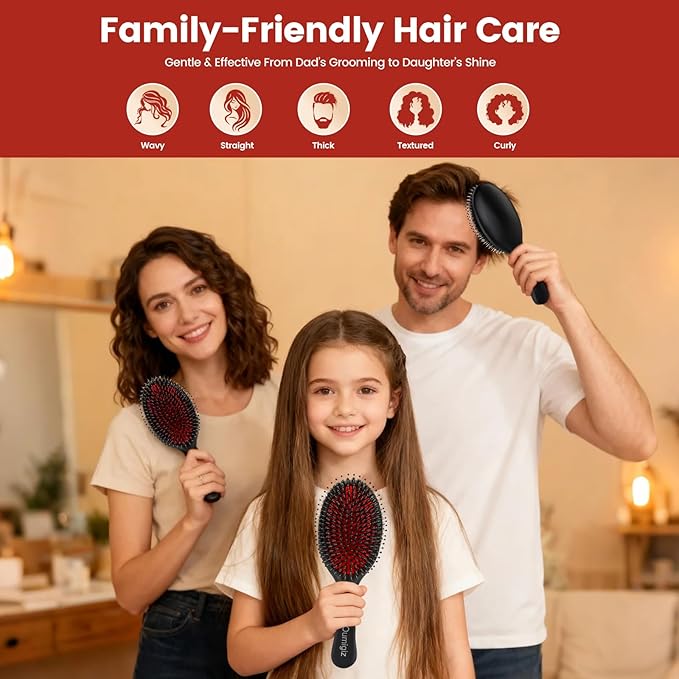 Boar Bristle Hair Brush Since 1965 British Craftsmanship, Handmade Natural Wood Slick Back Hairbrush, Soft Bristles Gentle Detangling Smoothing Women Men Kids Long Curly Thick,Thin, Fine Hair