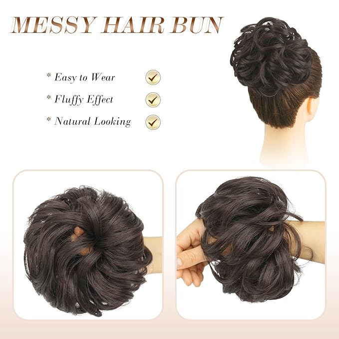 FESHFEN Messy Bun Hair Piece - Elastic Wavy Curly Hair Bun Scrunchies Extensions Synthetic Chignon Hairpieces for Women Girls, Dark Brown 1.5 oz