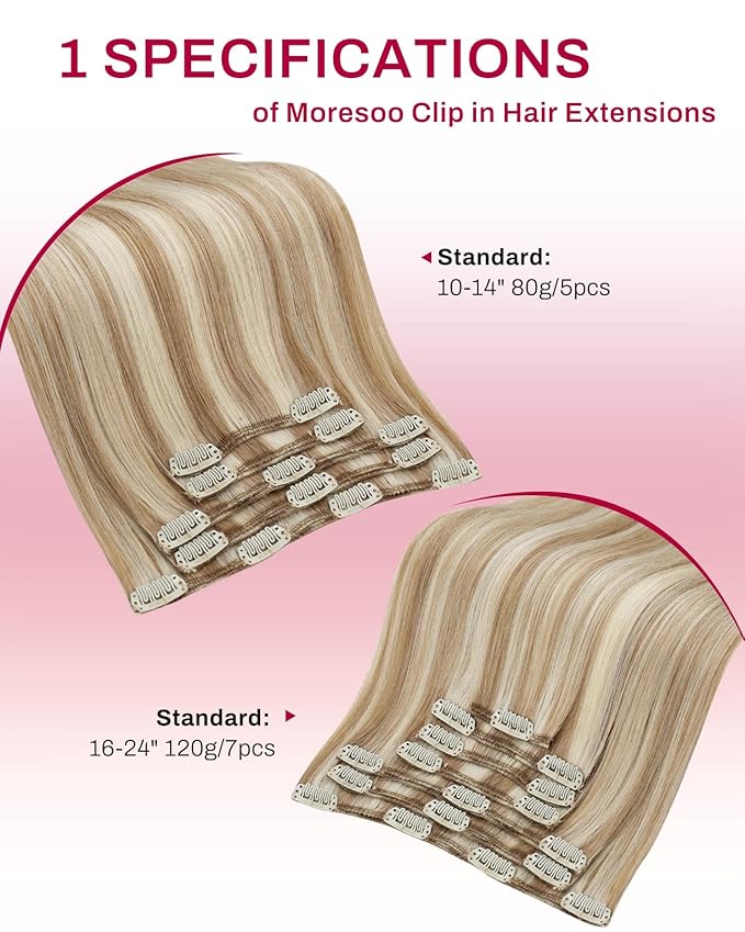 Moresoo Clip in Hair Extensions Brown with Blonde Highlights Clip ins Human Hair Yellow Brown with Platinum Blonde Full Head 120g/7pcs 18 inch