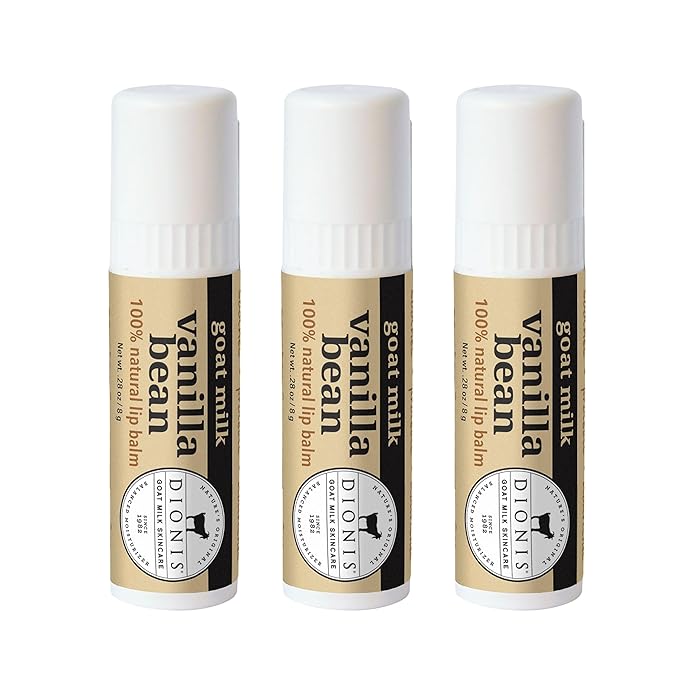 Dionis Goat Milk Skincare Vanilla Bean Holiday Lip Balm Gift Set - Beeswax, Shea Butter & Coconut Oil Lip Care Products Made in The USA - Cruelty Free Lip Moisturizer For Chapped Lips, 0.28oz 3 Pack