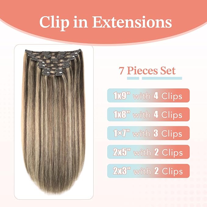 XDhair Clip in Extensions Human Hair 22 Inch 160g 7pcs Chocolate Brown to Caramel Blond Clip in Hair Extensions Real Human Hair for Women #4p27/22 inch