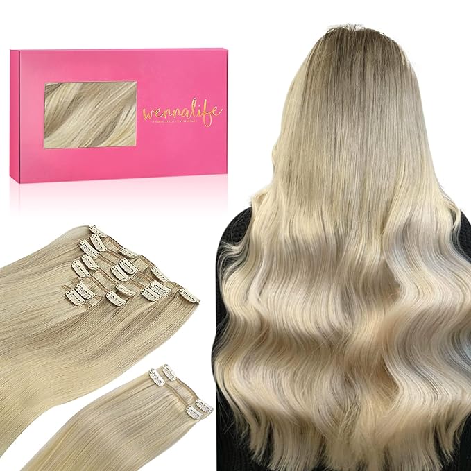 WENNALIFE Clip in Hair Extensions, 150g 16 Inch 9pcs Ash Blonde to Golden Blonde and Platinum Blonde Human Hair Extensions Thicker Clip in Hair Extensions Real Human Hair Clip Set Double Weft