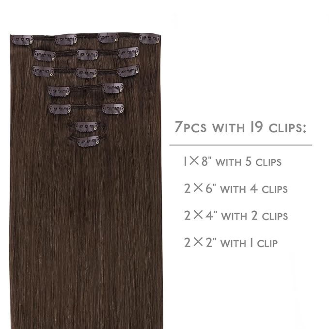 WENNALIFE Clip in Hair Extensions Real Human Hair, 24 Inch 160g 7pcs Chocolate Brown Remy Hair Straight Natural Extensiones De Cabello Humano Con Clip Ins