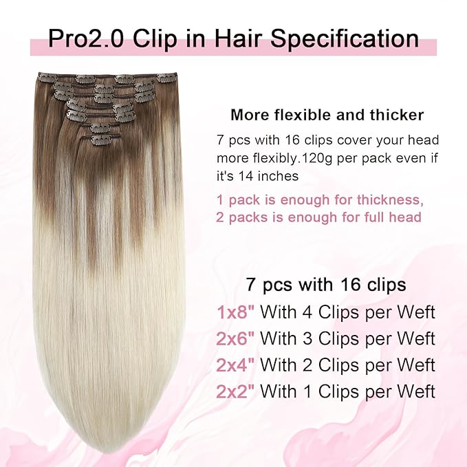Pro2.0 Remy Real Human Hair Extensions Clip ins 120g Thick 7pcs Color #8/60 Ash Brown to Platinum Blonde Remy Clip in Hair Extensions Real Human Hair 16inch Double Weft（#8/60-16inch）