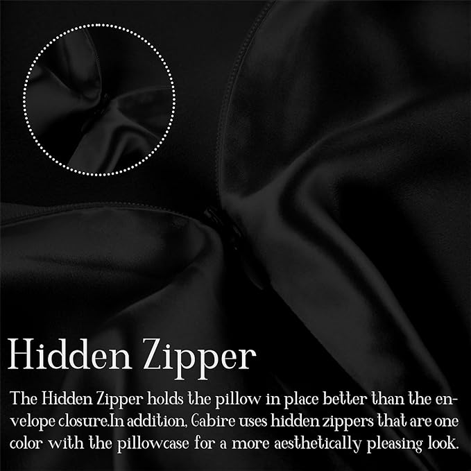 Mulberry Silk Pillow Cases Set of 2, Both Sides Real Silk Pillow Cover for Hair and Skin Prevent Acne Pillowcase Organic Silk Pillowcase 2 Pack with Hidden Zipper, Black, Queen (20"×30")