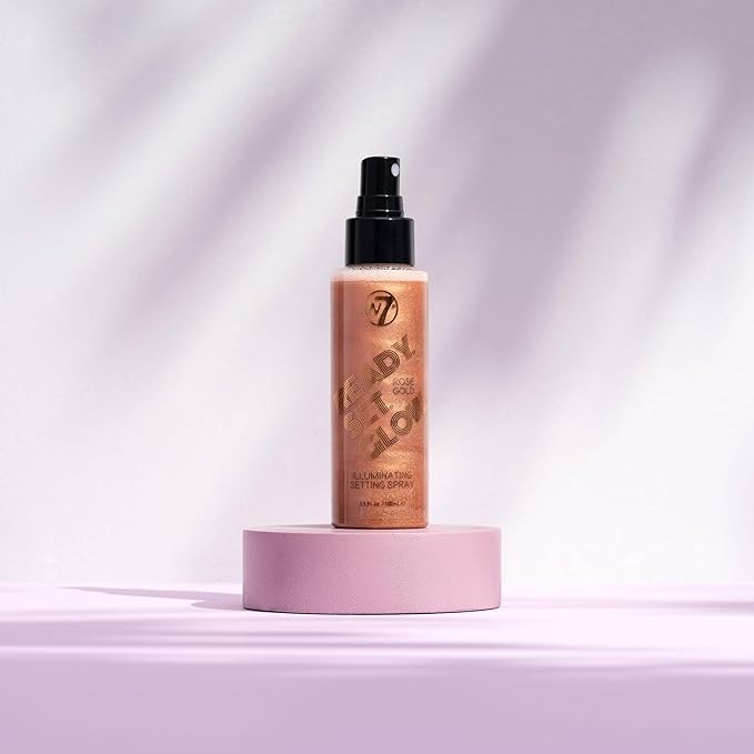 W7 Ready Set Glow Trio - 3 Piece Set - Makeup Setting Spray - Shimmer Finish - Long-Lasting, Ultra-Fine Formula (Rose Gold, Gold & Holo)