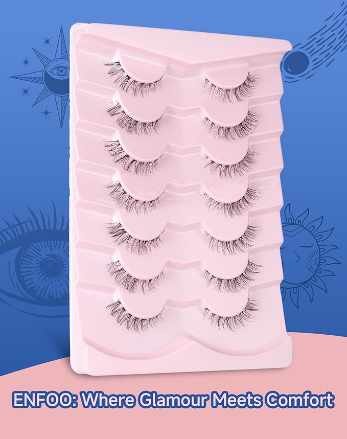 Short Lashes Natural Look Wispy False Eyelashes Flared Strip Eyelash Small Lash Fluffy Clear Band 7 Pairs SF-08